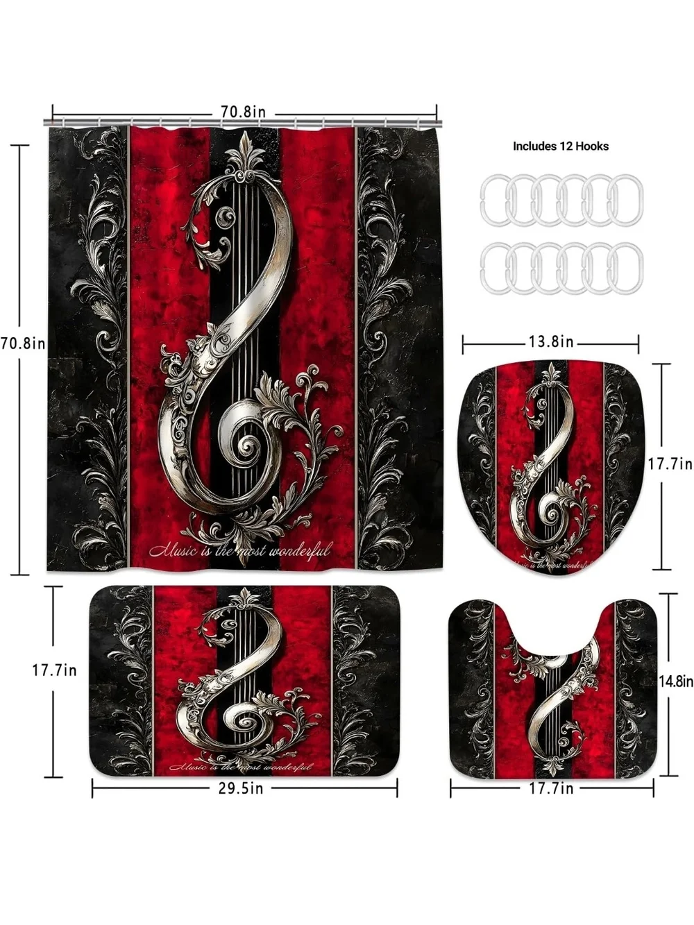 Music Treble Clef Red and Black Bathroom Set - Shower Curtain & Rugs